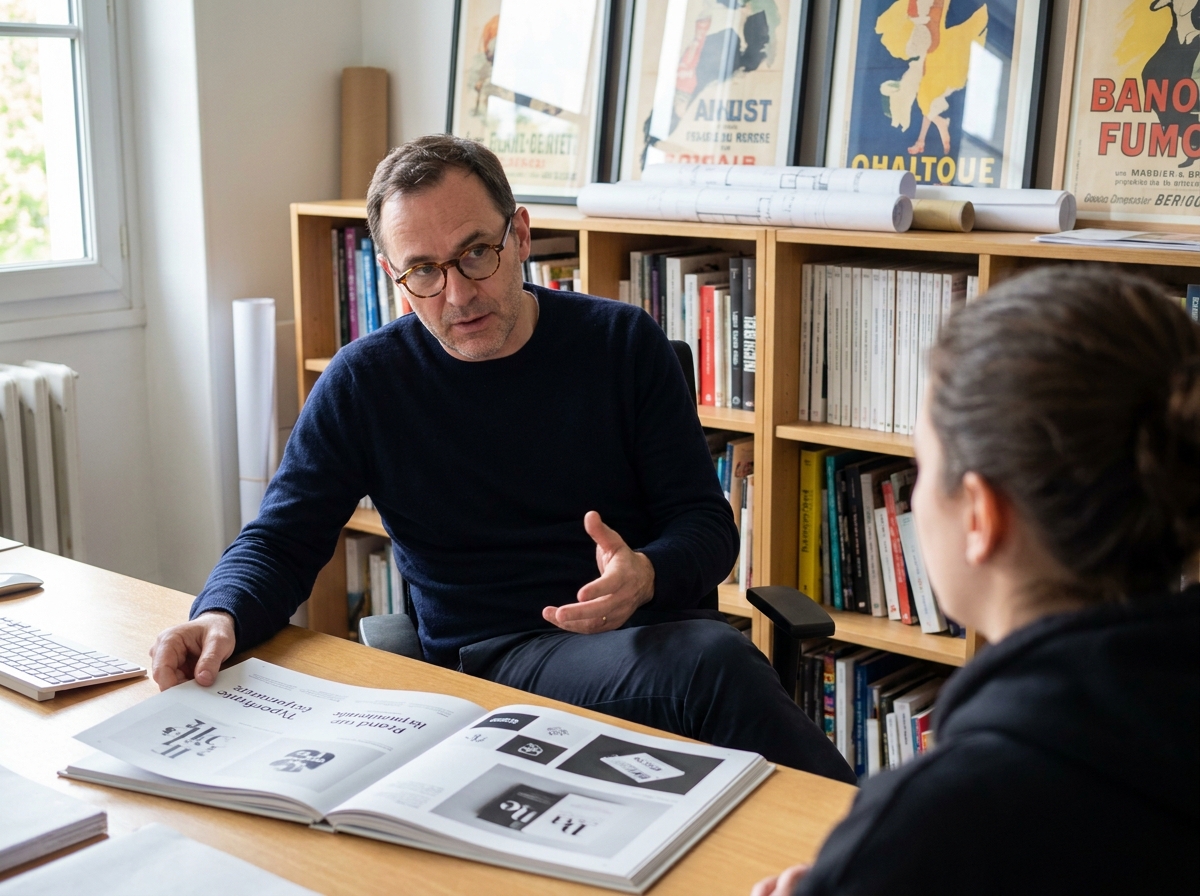 Professeur de design graphique en session de mentorat individuel dans une école de design française
