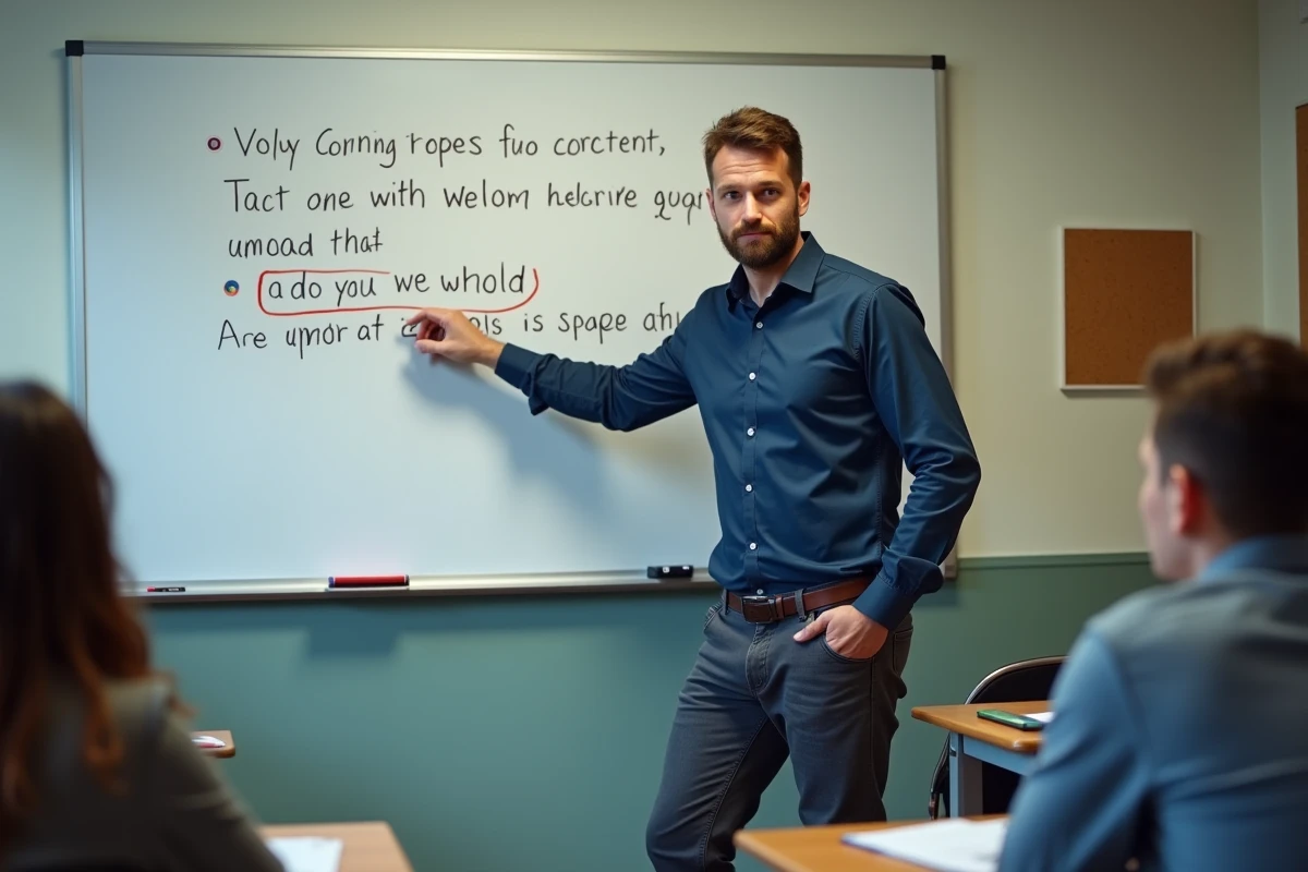 Enseignant d'anglais montrant une erreur grammaticale typique sur un tableau blanc en salle de classe
