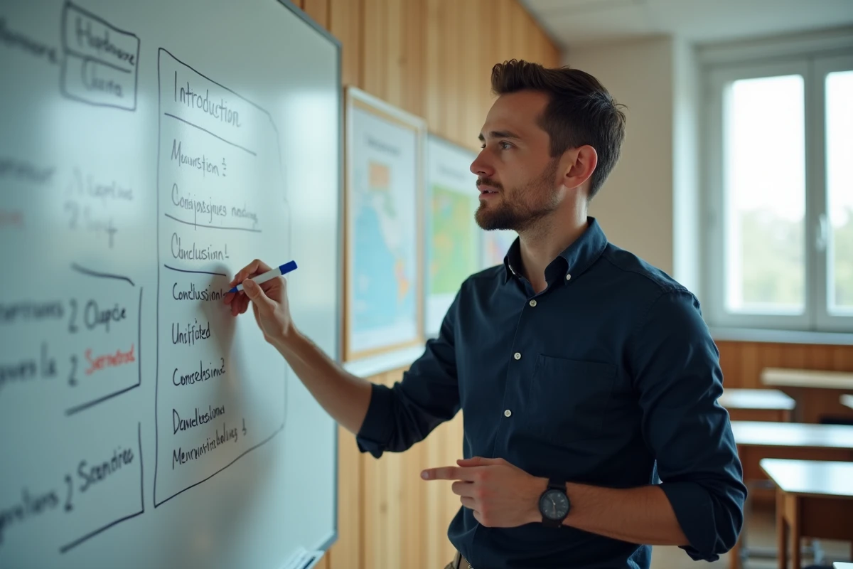 Professeur de français expliquant la structure d'une dissertation au tableau dans une salle de classe réaliste