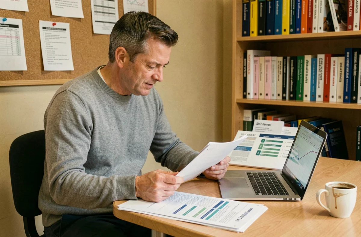 Professeur de SVT préparant ses cours sur ordinateur dans la salle des professeurs