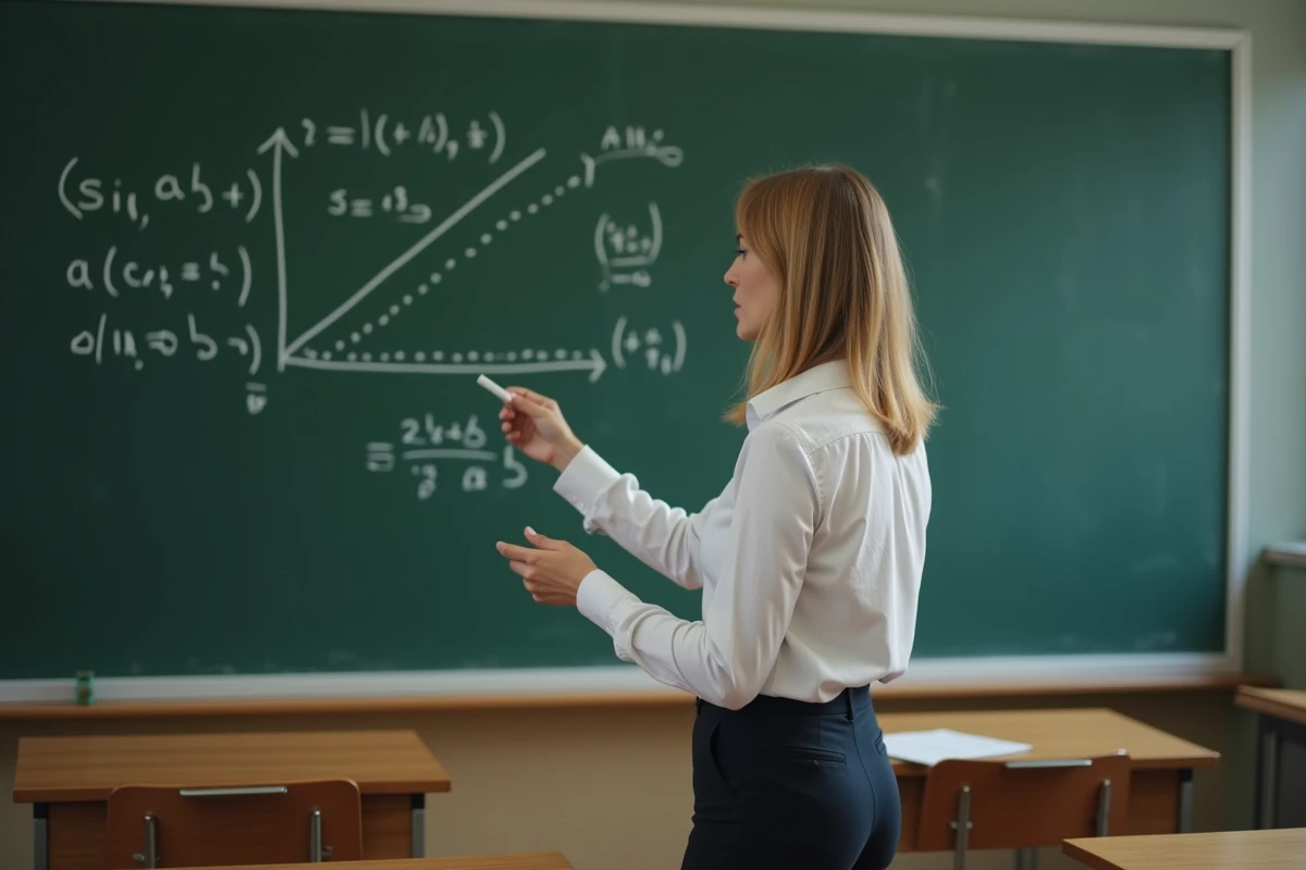 Professeure de mathématiques expliquant les identités trigonométriques sinus et cosinus au tableau dans une salle de classe