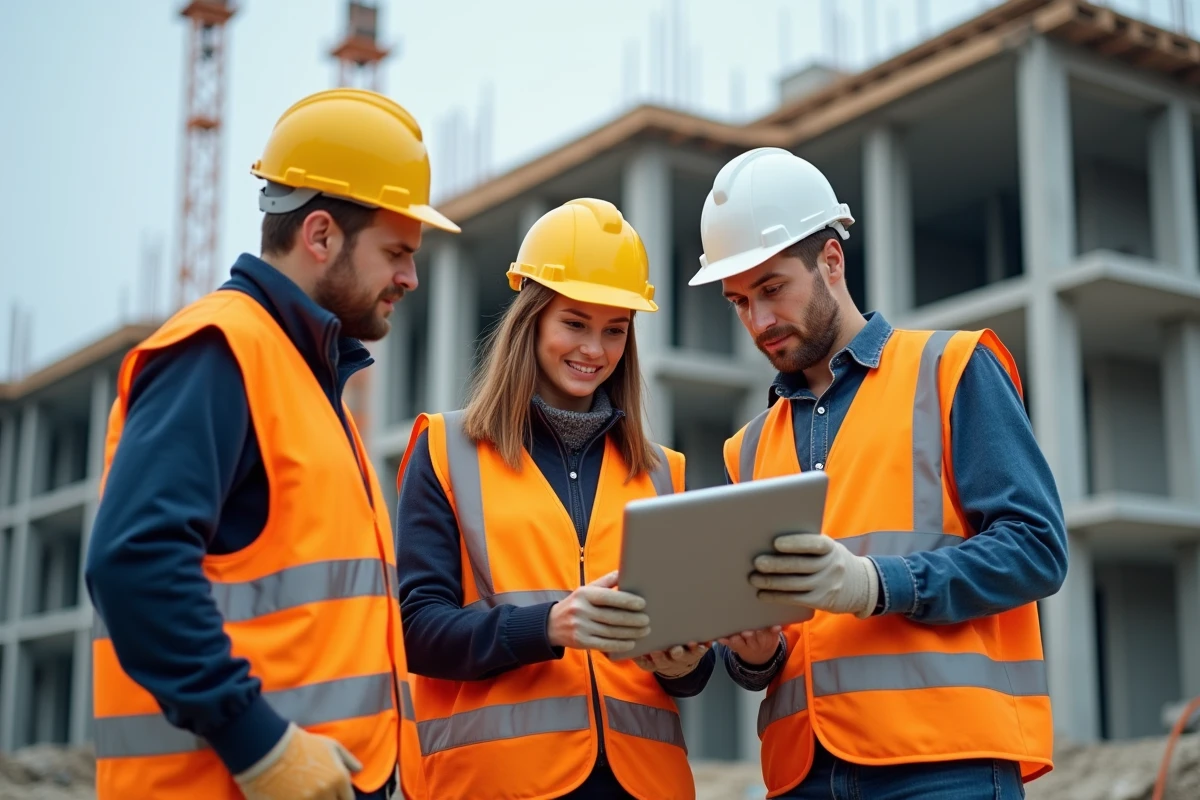 Groupe de professionnels du BTP consultant une formation digitale sur tablette sur un chantier de construction