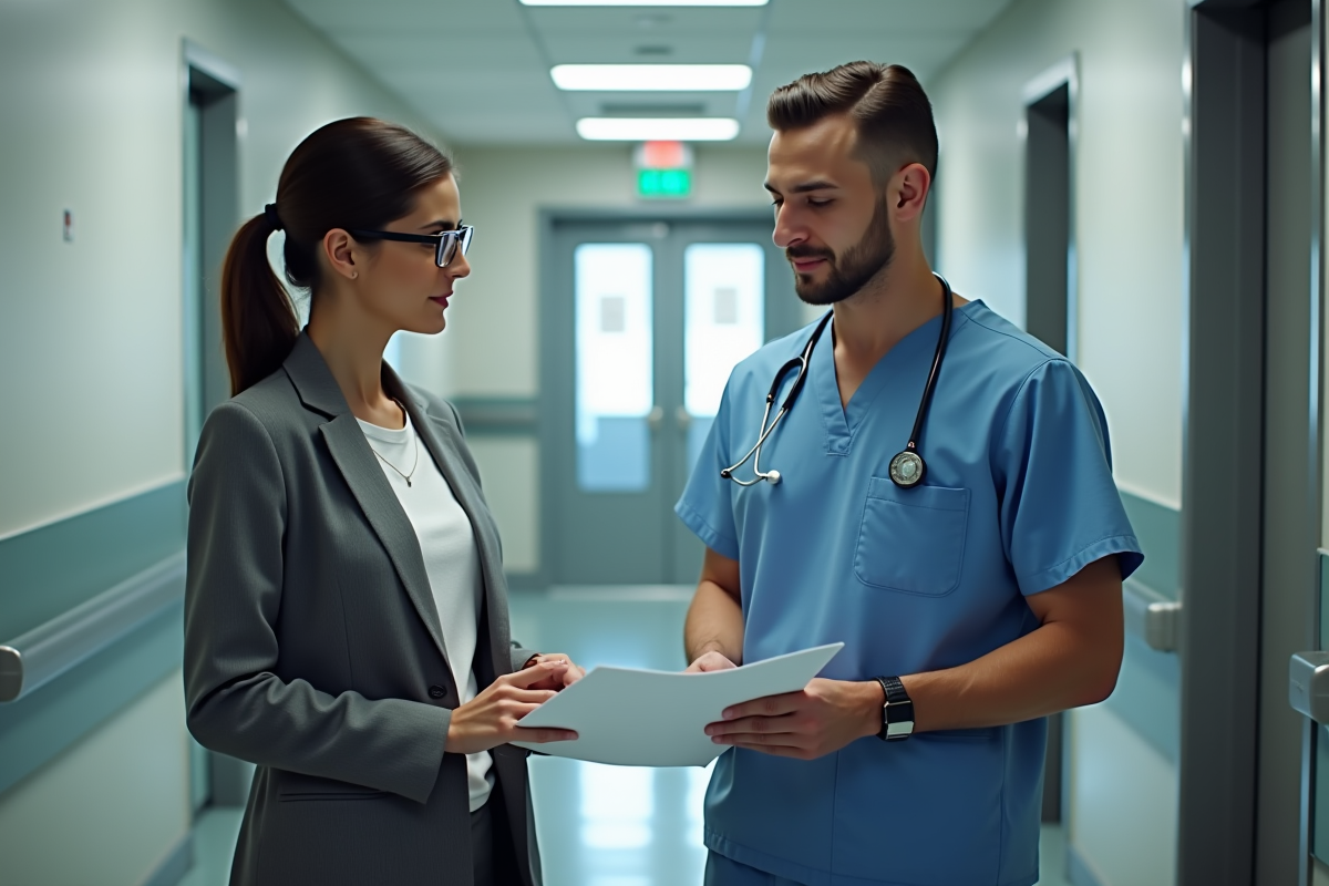 Médecins vérifiant certificats médicaux dans un couloir d
