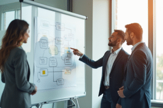 Trois professionnels discutent d'un organigramme dans un bureau lumineux