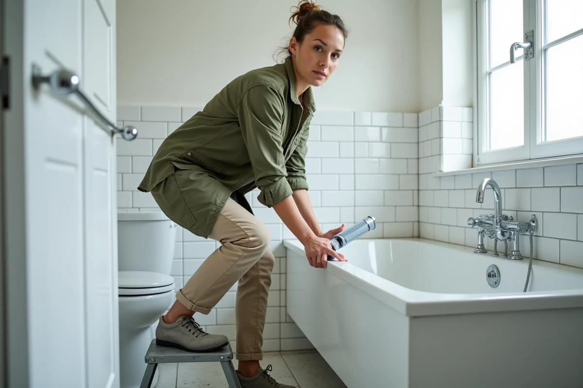 Propriétaire bailleresse posant du silicone autour d'une baignoire dans une salle de bain de logement locatif
