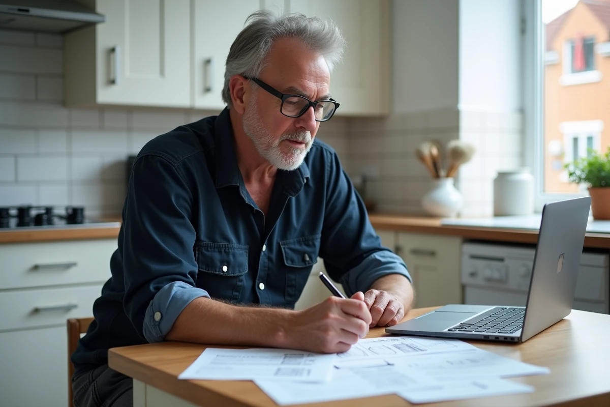 Propriétaire bailleur planifiant des travaux de rénovation à l'aide de fiches techniques et d'un tutoriel DIY sur ordinateur portable