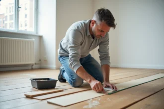 Propriétaire bailleur rénovant lui-même le parquet d'un appartement locatif avec de l'enduit de rebouchage et une spatule