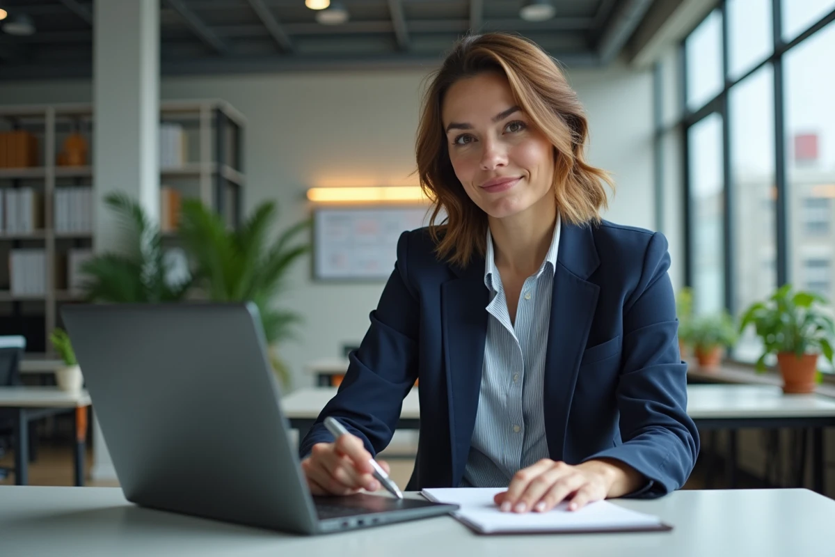 Femme en reconversion professionnelle suivant une formation en ingénierie BTP en ligne sur ordinateur portable