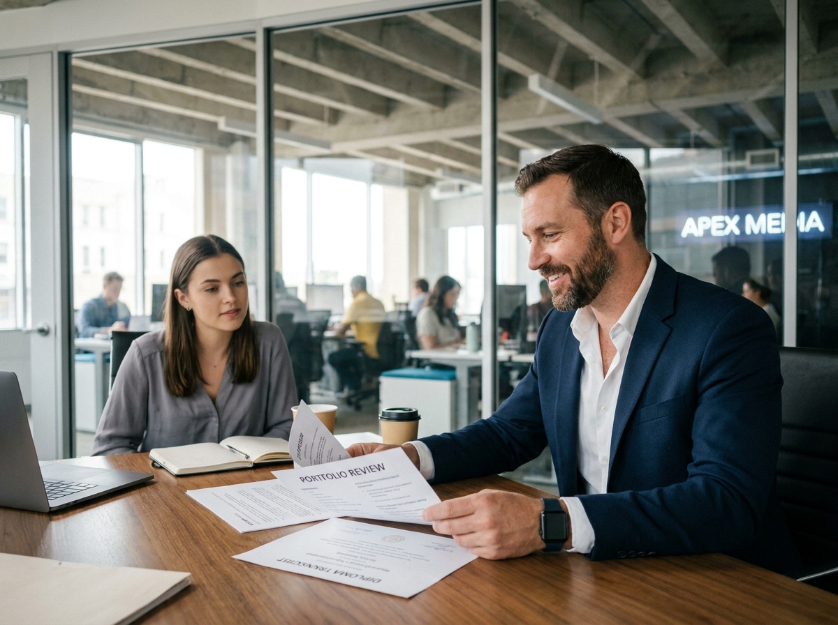 Recruteur en audiovisuel évaluant le dossier de formation longue d'un candidat lors d'un entretien professionnel