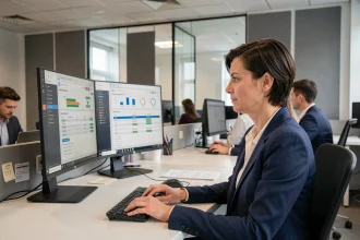 Professionnelle en blazer marine consultant des protocoles de sécurité numérique sur écran dans un open-space académique à Toulouse