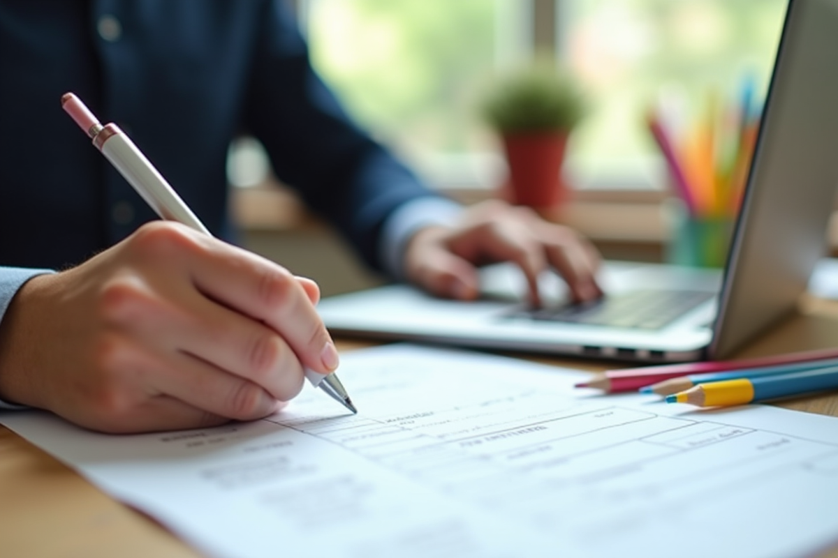 Mains remplissant des papiers scolaires avec fournitures colorées