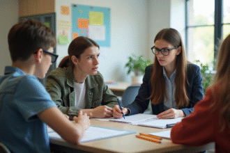 Réunion entre enseignant et parents dans un bureau moderne