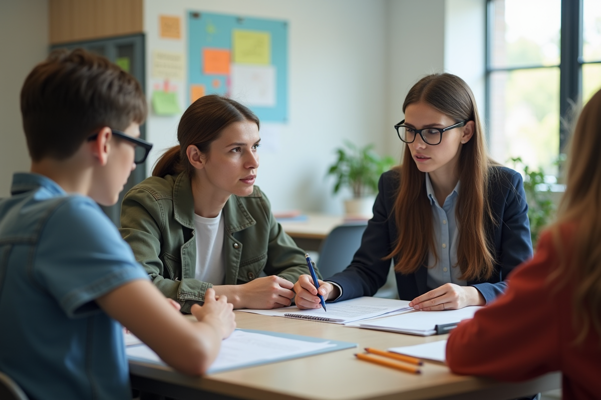 Réunion entre enseignant et parents dans un bureau moderne
