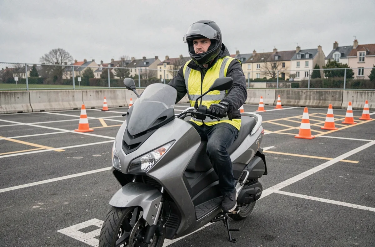 Candidat au permis T-Max assis sur un scooter Honda T-Max dans un centre d'examen de conduite avec des cônes orange