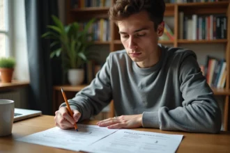 Jeune homme révisant un questionnaire permis de conduire imprimé en PDF à son bureau à domicile