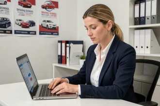 Responsable d'auto-école sécurisant sa connexion ELGEAWEB sur un ordinateur portable dans un bureau administratif professionnel