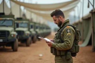 Sous-officier de l'armée de Terre en tenue de campagne consultant des documents dans un camp militaire d'entraînement