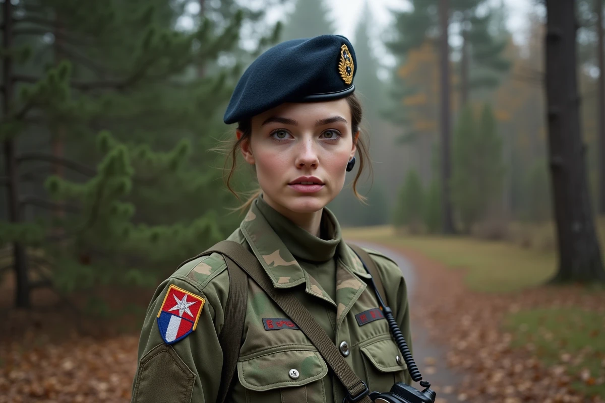 Sous-officière de l'armée de Terre en tenue camouflée dans un environnement forestier lors d'un exercice opérationnel