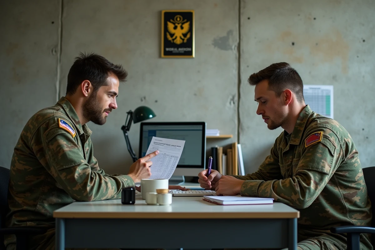 Deux sous-officiers de l'armée de Terre examinant une fiche de paie incluant des primes de terrain dans un bureau administratif militaire