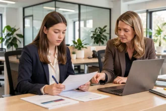 Lycéenne en stage professionnel dans un bureau moderne, accompagnée par une tutrice qui lui montre des documents sur un ordinateur portable