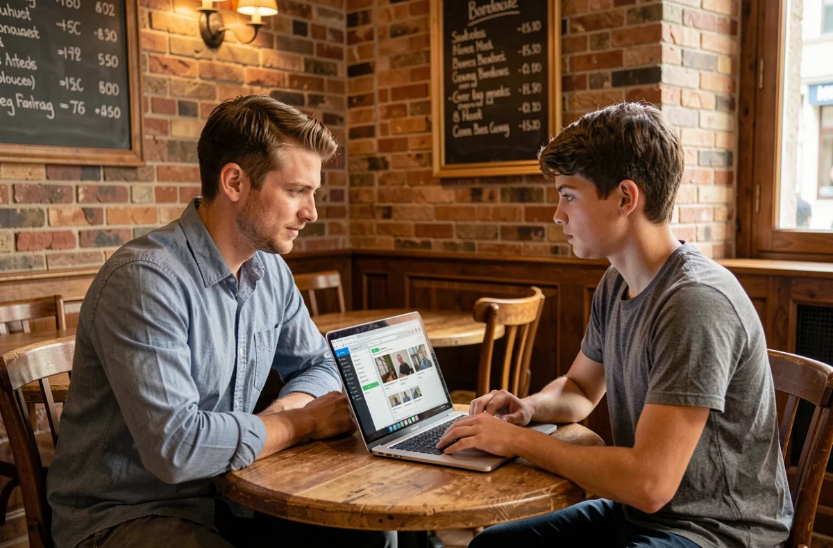 Un professeur particulier Superprof rencontrant un élève dans un café bordelais, ordinateur portable ouvert sur la plateforme de cours