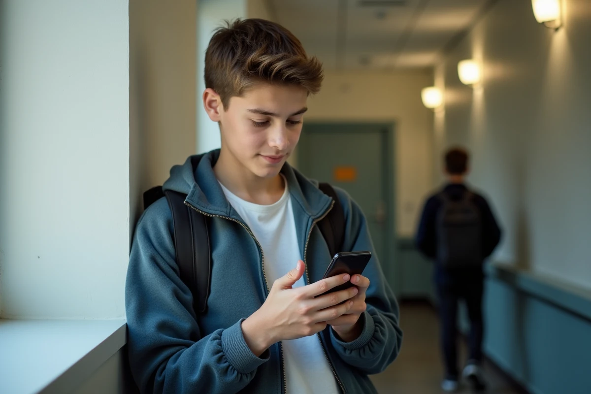 Adolescent téléchargeant l'application mobile de son établissement scolaire sur son smartphone depuis le couloir de sa maison