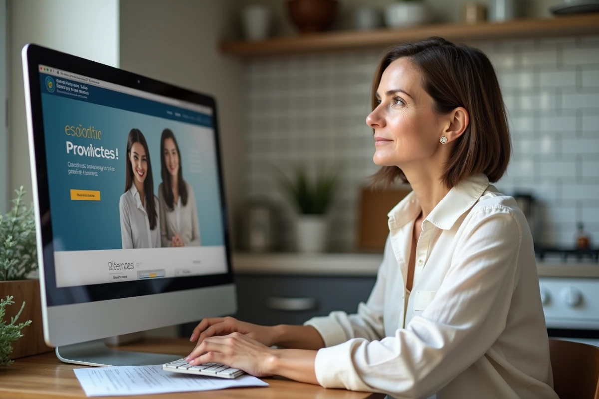 Parent vérifiant le site officiel de l'établissement scolaire sur un ordinateur de bureau à la maison
